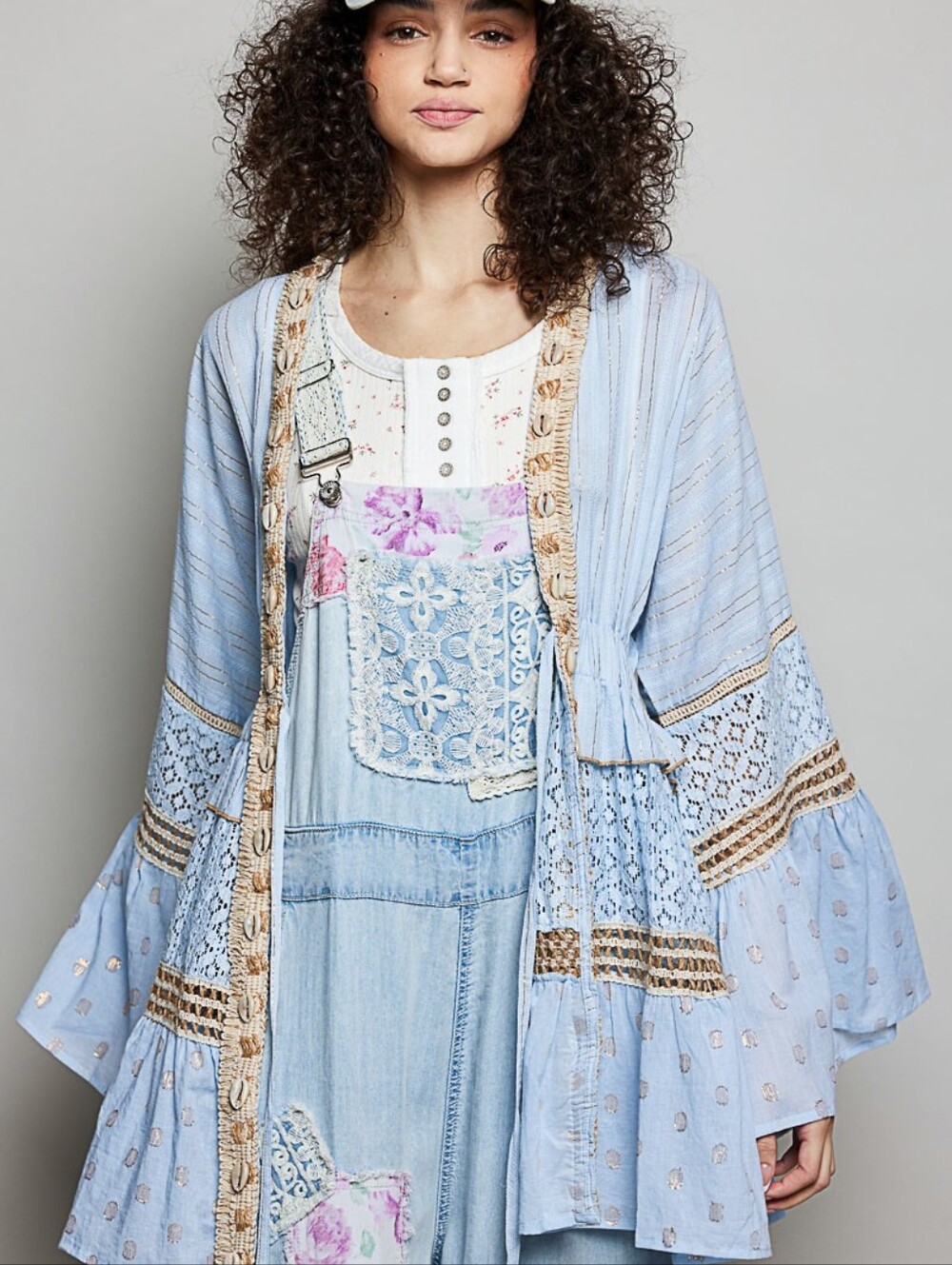 POL Powder Blue Gold Metallic Lace Seashell Boho Kimono Cardigan Style SMQG2 - Picture 7 of 9